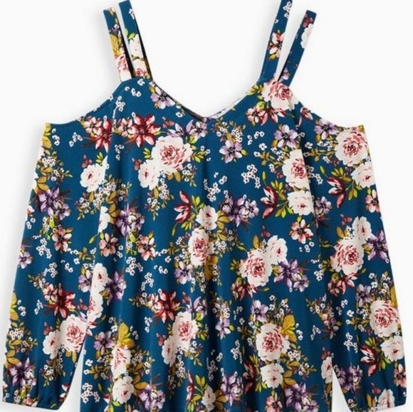 Torrid V-Neck Cut-Out Cold Shoulder Floral Top 3XL Navy - Picture 7 of 12